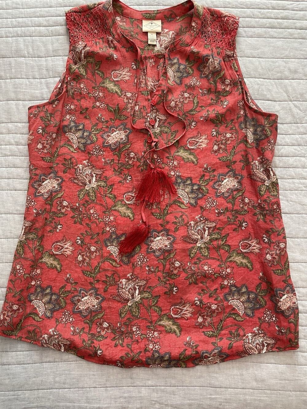 St. John's Bay Women's Red Floral Sleeveless Top Curved Hem Tassels Boho XL F10